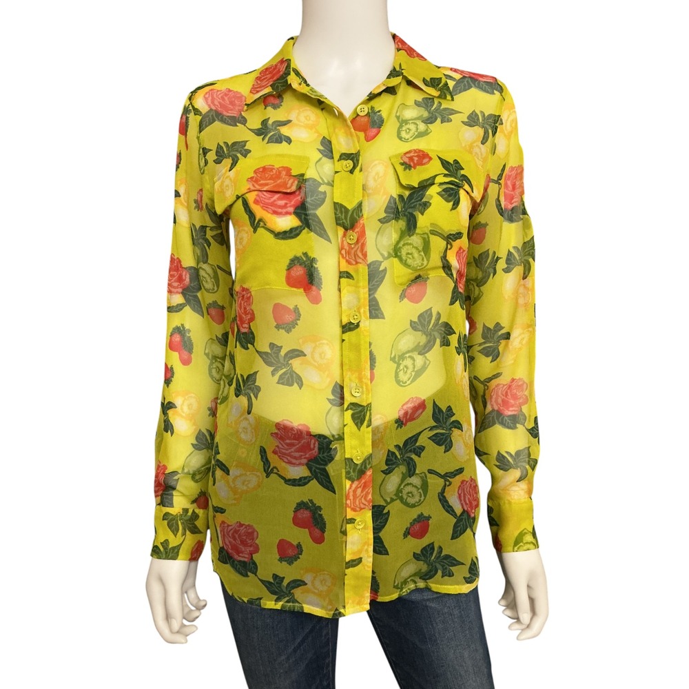Equipment Femme Fruit Rose Print Silk Blouse XS Yellow Strawberries Quiet Luxury
